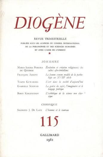 Couverture du livre « Diogene 115 » de Collectifs Gallimard aux éditions Gallimard