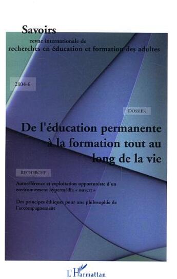 Couverture du livre « De l'éducation permanente à la formation tout au long de la vie » de  aux éditions Editions L'harmattan