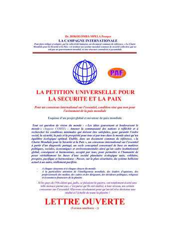 Couverture du livre « La Pétition universelle pour la sécurité et la paix » de Prosper Bokolomba-Mpela aux éditions Publibook