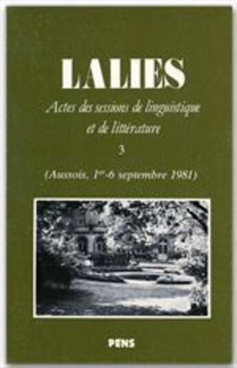 Couverture du livre « Revue Lalies n.3 » de  aux éditions Presses De La Sorbonne Nouvelle