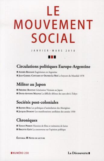 Couverture du livre « REVUE LE MOUVEMENT SOCIAL t.230 : janvier-mars 2010 » de Revue Mouvement Soci aux éditions La Decouverte