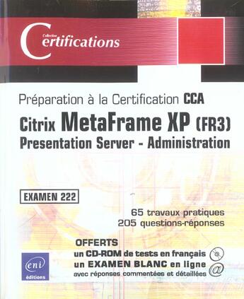 Couverture du livre « Citrix metaframe xp ; presentation server ; examen 222 du cursus cca » de Marc Stoik aux éditions Eni