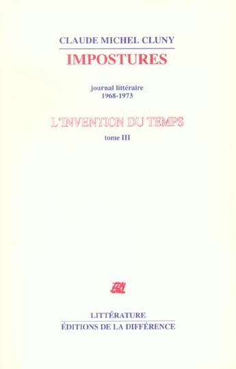 Couverture du livre « Invention du temps t03 impostu » de Claude-Michel Cluny aux éditions La Difference