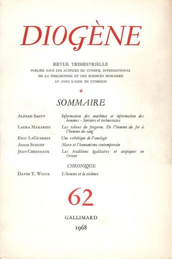 Couverture du livre « Diogene 62 » de Collectifs Gallimard aux éditions Gallimard