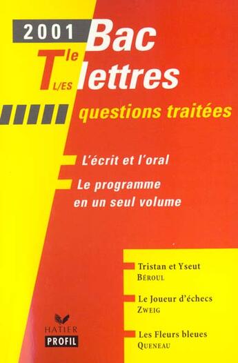 Couverture du livre « Lettres ; terminales L, ES ; bac 2001 » de  aux éditions Hatier