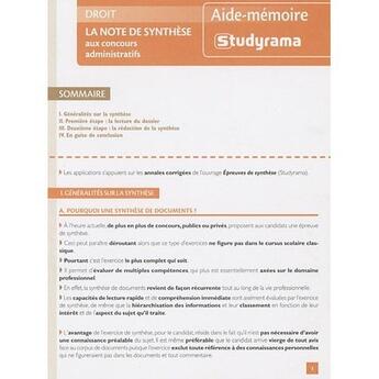 Couverture du livre « Droit ; la note de synthèse aux concours administratifs » de Julie Camon aux éditions Studyrama