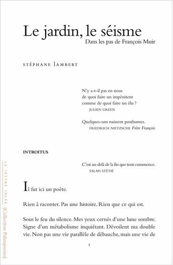 Couverture du livre « Le jardin, le séisme ; dans les pas de François Muir » de Stephane Lambert aux éditions Lettre Volee