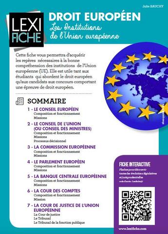 Couverture du livre « Droit européen ; les institutions de l'Union Européenne » de Julie Bauchy aux éditions Enrick B.