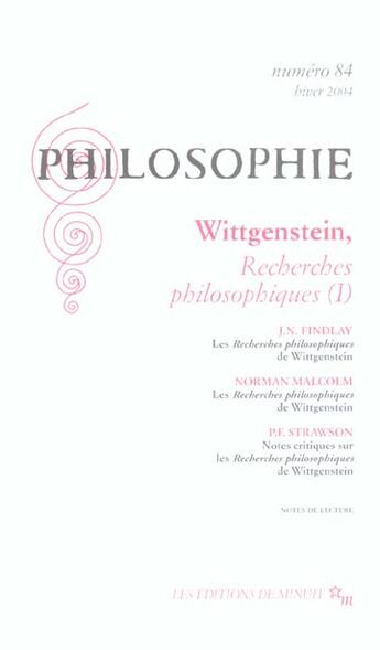 Couverture du livre « Wittgenstein, recherches philosophiques t.1 » de  aux éditions Minuit