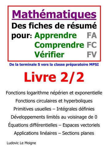 Couverture du livre « Mathématiques terminale s vers mpsi (livre 2/2) » de Ludovic Le Moigne aux éditions Books On Demand