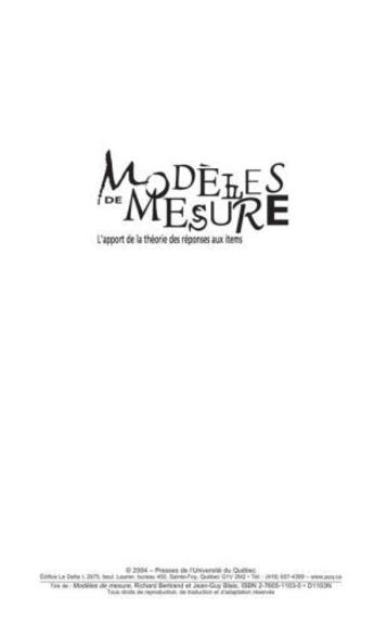 Couverture du livre « Modèles de mesure ; l'apport de la théorie des réponses aux items » de Bertrand Blais aux éditions Pu De Quebec