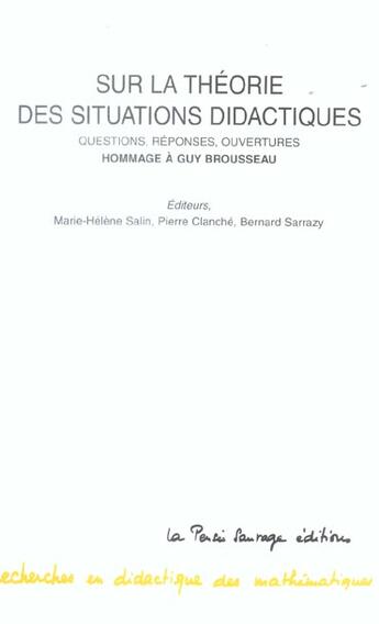 Couverture du livre « Sur la theorie des situations didactiques » de Salin M H aux éditions La Pensee Sauvage Editions