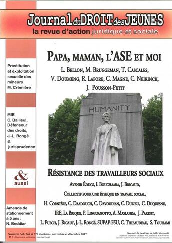 Couverture du livre « Journal du droit des jeunes n 368/369/370 papa, maman, l'ase et moi - avril 2017 » de  aux éditions Jeunesse Et Droit