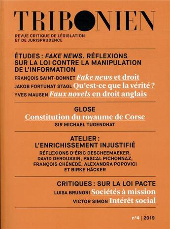 Couverture du livre « Tribonien revue critique de legislation et de jurisprudence - tome 4 - fake news » de Cornu Thenard aux éditions Ste De Legislation Comparee