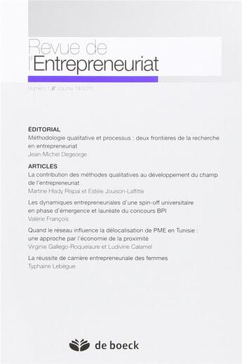 Couverture du livre « Revue de l'entrepreunariat T.2015/1 » de Revue De L'Entrepreunariat aux éditions De Boeck Superieur