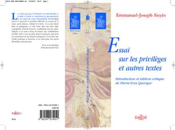 Couverture du livre « Essais sur les privilèges et autres textes » de Sieyes-E.J aux éditions Dalloz