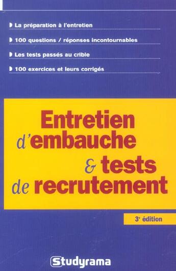 Couverture du livre « Entretien d'embauche et tests de recrutement » de  aux éditions Studyrama