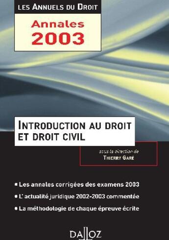 Couverture du livre « Intro Au Droit 2003 Annuels Droit » de Gare-T aux éditions Dalloz