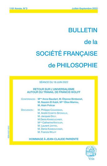 Couverture du livre « Retour sur l'universalisme - autour du travail de francis wolff » de Baudart/Bimbenet aux éditions Societe Francaise De Philosophie