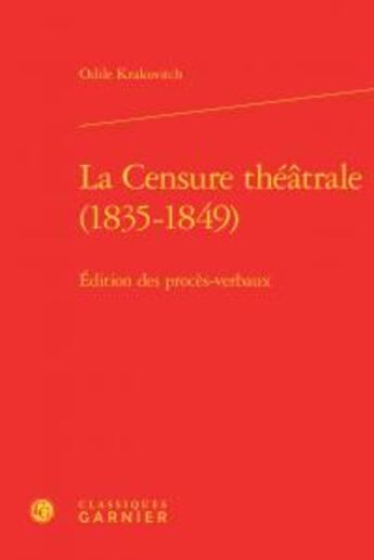 Couverture du livre « La censure théâtrale 1835 1849 ; édition des procès verbaux » de Odile Krakovitch aux éditions Classiques Garnier