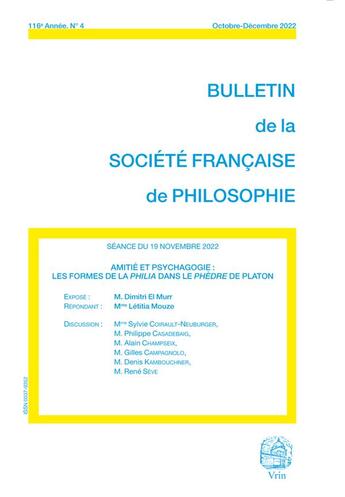 Couverture du livre « Amitié et psychagogie : Les formes de la philia dans le Phèdre de Platon » de Dimitri El Murr aux éditions Societe Francaise De Philosophie