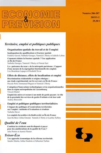 Couverture du livre « Territoire, Emploi Et Politiques Publiques Economie Et Prevision N 206-207 » de Ministere De L'Econo aux éditions Documentation Francaise