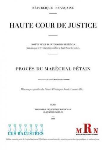 Couverture du livre « Proces du marechal petain » de Haute Cour De Justic aux éditions Les Balustres