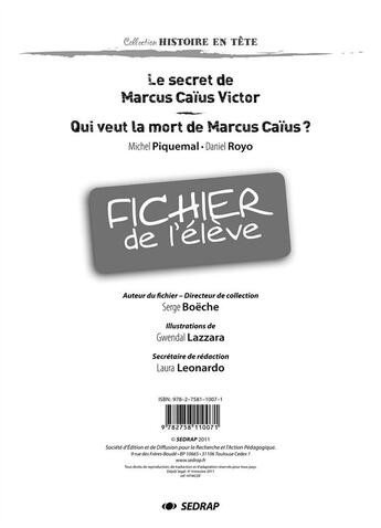 Couverture du livre « Secret de marcus caius victor - fichier » de  aux éditions Sedrap