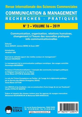 Couverture du livre « Communication, organisation, relations humaines, changement...cm 2-2019 - communication & management » de D.Benoit-E.Leroux-E. aux éditions Eska