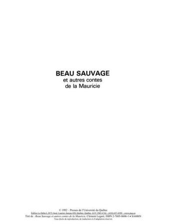 Couverture du livre « Beau Sauvage ; et autres contes de la Mauricie » de Clement Legare aux éditions Presses De L'universite Du Quebec