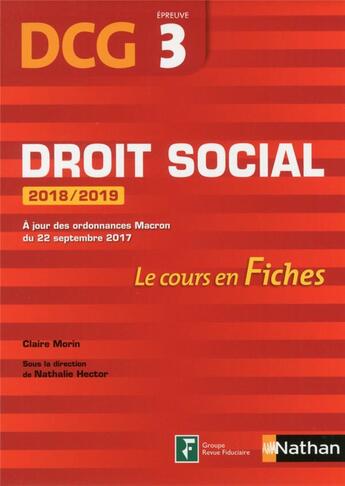 Couverture du livre « DCG ; 3 ; droit social ; le cours en fiches (édition 2018/2019) » de  aux éditions Nathan