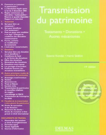 Couverture du livre « Transmission du patrimoine : testaments, donations et autres mecanismes » de Etienne Riondet aux éditions Delmas