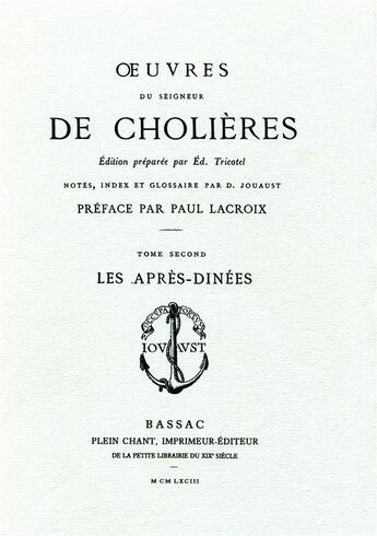 Couverture du livre « Oeuvres du Seigneur de Cholières » de Nicolas De Cholieres aux éditions Plein Chant