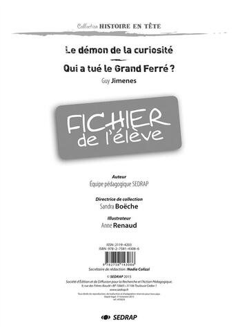 Couverture du livre « Le démon de la curiosité ; qui a tué le Grand Ferré ? ; fichier de l'élève » de Guy Jimenes et Collectif aux éditions Sedrap