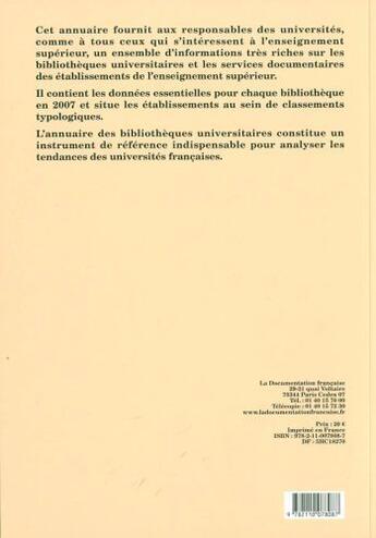 Couverture du livre « Annuaire des bibliothèques universitaires (données 2007) » de  aux éditions Documentation Francaise