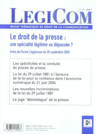 Couverture du livre « Legicom n35 le droit de la presse : une specialite legitime ou depassee actes du forum legipress - a » de  aux éditions Victoires