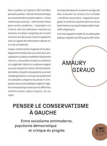 Couverture du livre « Penser le conservatisme à gauche : entre socialisme antimoderne, populisme démocratique et critique du progrès » de Amaury Giraud aux éditions Bord De L'eau