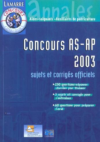 Couverture du livre « Concours as/ap 2003 » de Cefiec aux éditions Lamarre