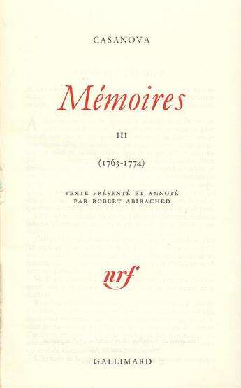 Couverture du livre « Mémoires t.3 ; 1763-1774 » de Giacomo Casanova aux éditions Gallimard