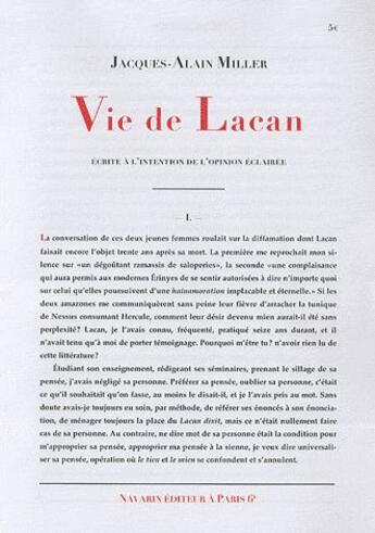 Couverture du livre « Vie de Lacan » de Jacques-Alain Miller aux éditions Navarin