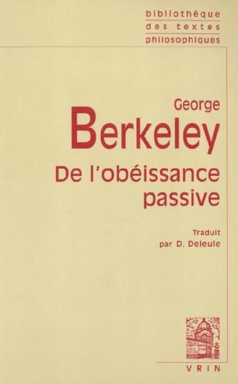 Couverture du livre « De l'obeissance passive » de George Berkeley aux éditions Vrin