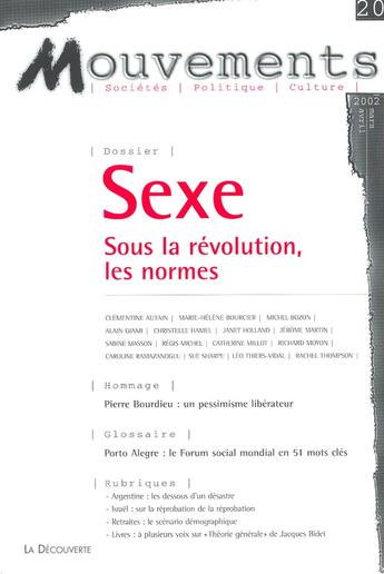 Couverture du livre « Revue mouvements numero 20 sexe » de Revue Mouvements aux éditions La Decouverte