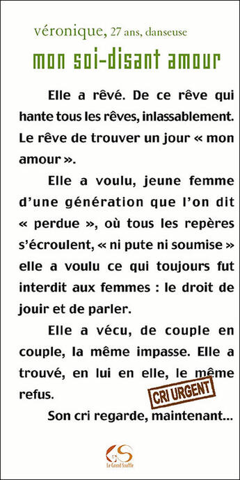 Couverture du livre « Mon soi-disant amour » de Veronique, 27 Ans, aux éditions Le Grand Souffle