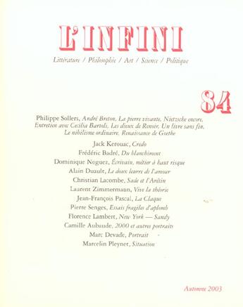 Couverture du livre « Revue l'infini N.84 » de Collectif Gallimard aux éditions Gallimard