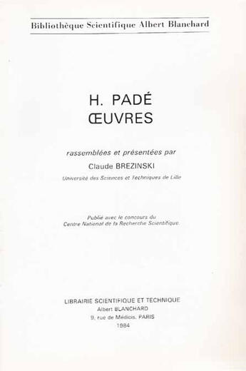 Couverture du livre « H. Padé ; oeuvres » de Claude Brezinski aux éditions Blanchard