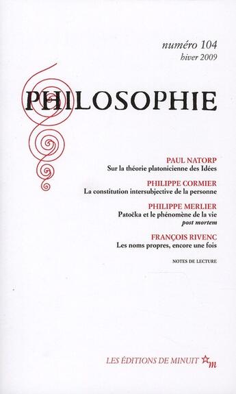 Couverture du livre « Revue Philosophie Minuit T.104 » de  aux éditions Minuit