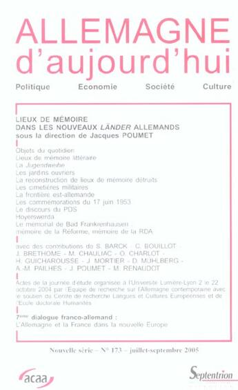 Couverture du livre « Lieux de mémoire dans les nouveaux lander allemands » de  aux éditions Pu Du Septentrion