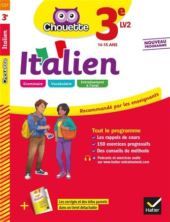 Couverture du livre « Chouette entrainement - 27 - italien 3e - lv2 (niveau a2) - cahier d'entrainement et de revision » de Poli Dominique aux éditions Hatier