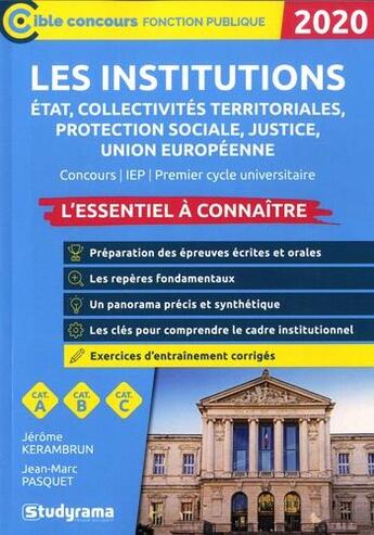 Couverture du livre « Les institutions état, collectivités territoriales, protection sociale (édition 2020) » de Jerome Kerambrun aux éditions Studyrama