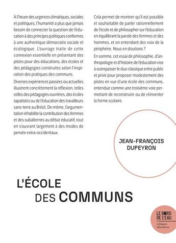 Couverture du livre « L'École des communs » de Jean-François Dupeyron aux éditions Bord De L'eau